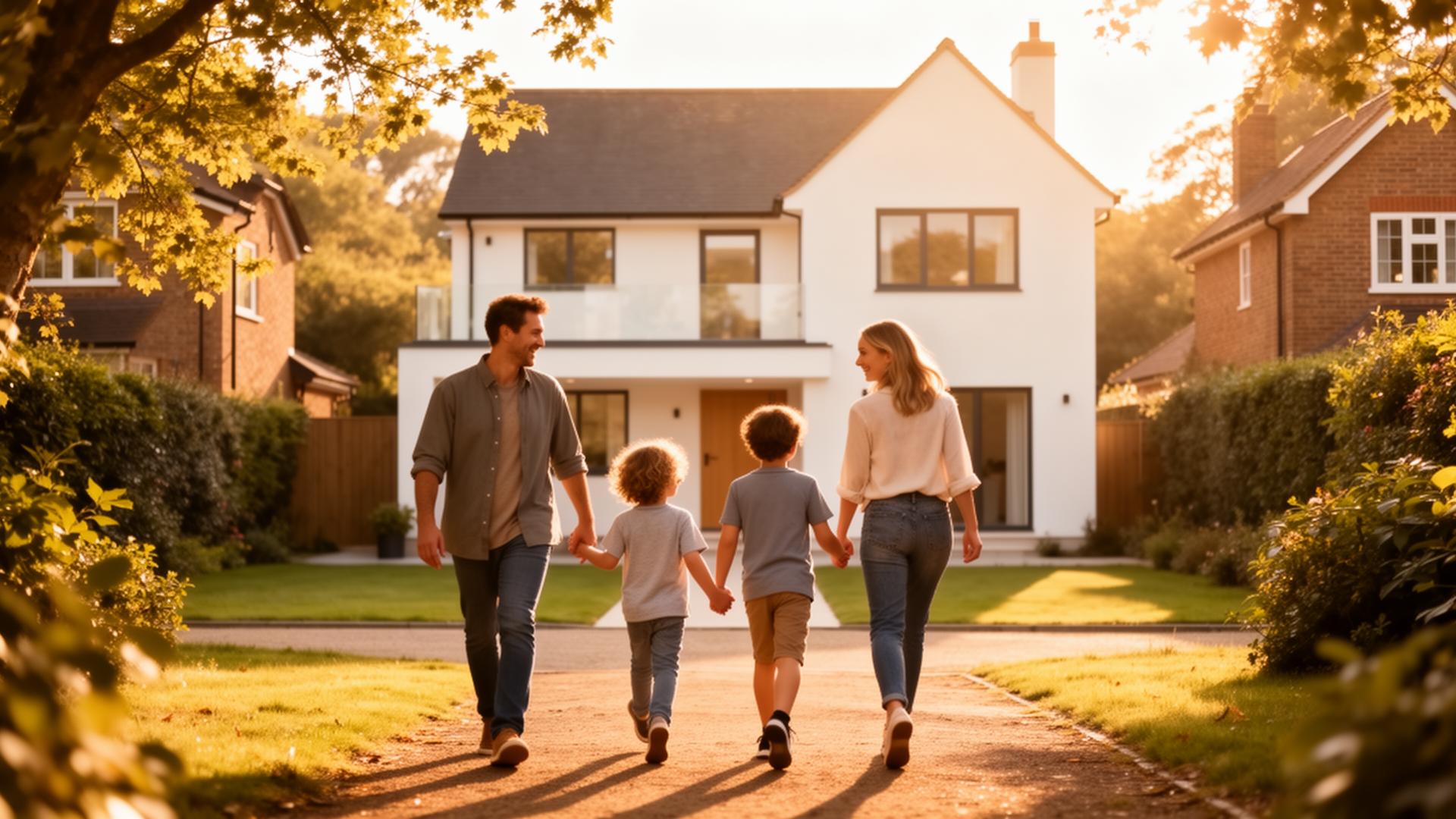 A happy family walking towards their new home